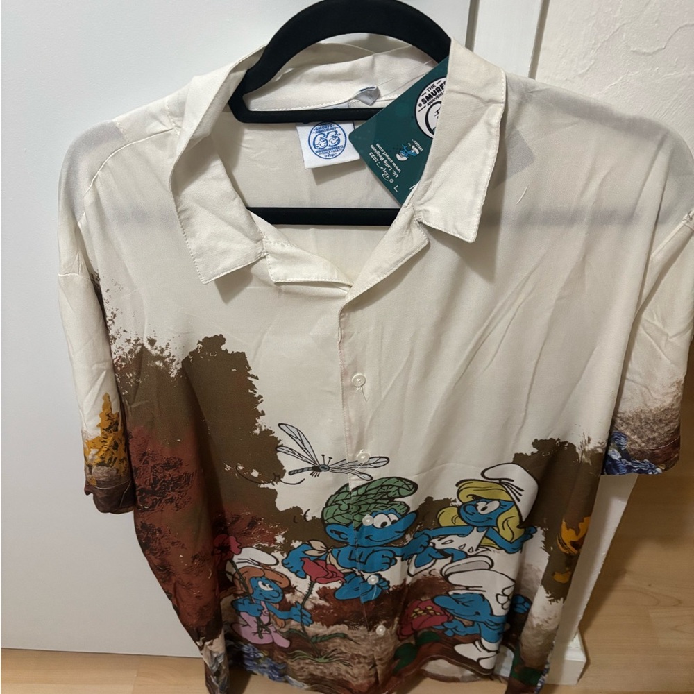Disney Smurfs Graphic Men's Shirt - Cream and Brown